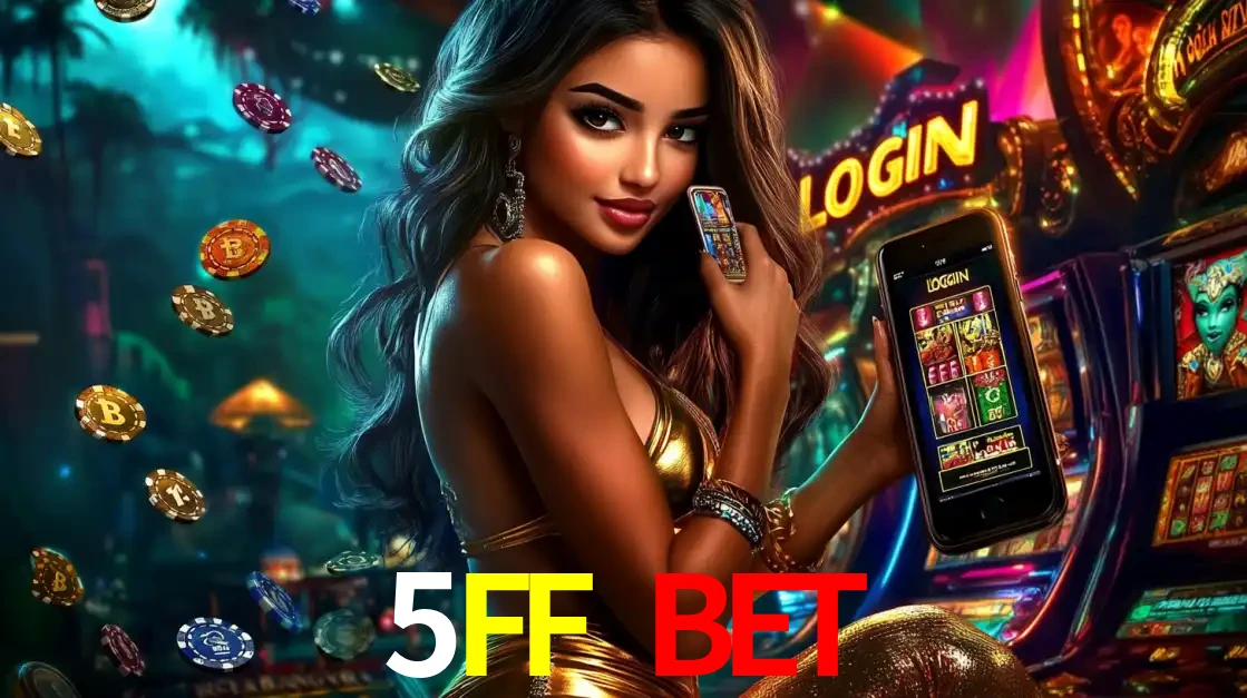 Mulher em um cenário de cassino temático de aventura, mostrando o app de caça-níqueis da 5FF BET no celular. Fichas de apostas flutuam ao redor.
