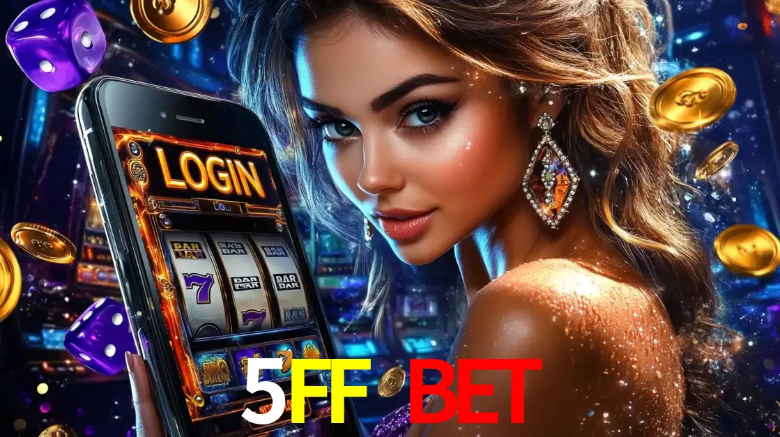 Mulher glamorosa segurando um smartphone com a tela de login para os jogos de caça-níqueis do cassino online 5FF BET, com moedas de ouro e dados ao redor.